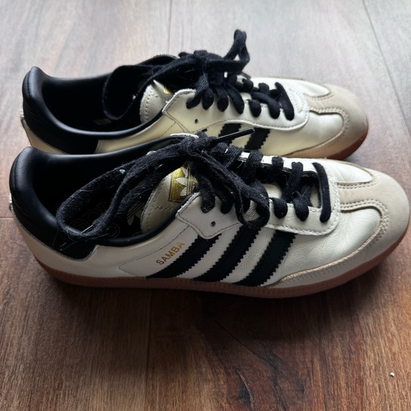 Adidas Originals Men’s Samba OG 7.5 Beige Black Leather Unisex Gold Logo - Picture 11 of 12